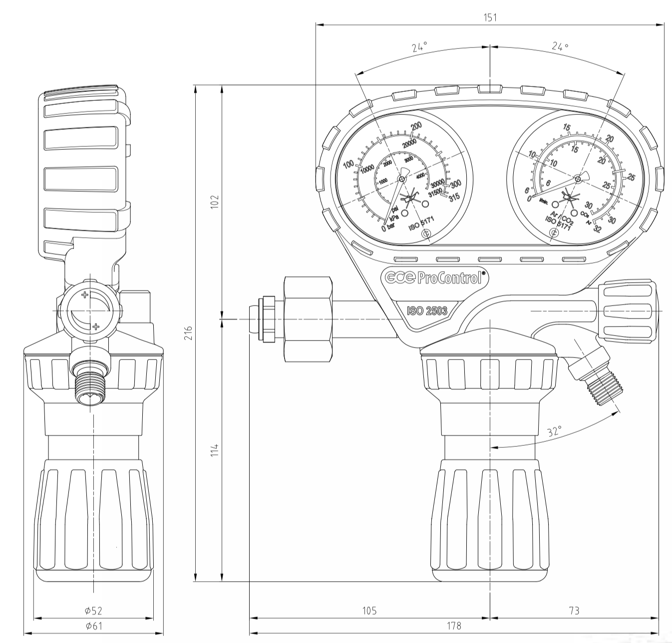 Редуктор водородный   ProControl HYDROGEN 200/10 бар, вх. W21,8x1/14"LH, вых. G3/8"LH арт.