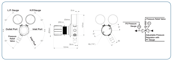 Регулятор давления   Серия HPS601B для чистых газов, корпус никелированная латунь , н/ж мембрана, одноступ., 0-6 бар раб. давление, без запорного клапана, DIN 1 вх. соед., 6мм фитинг вых. соед.